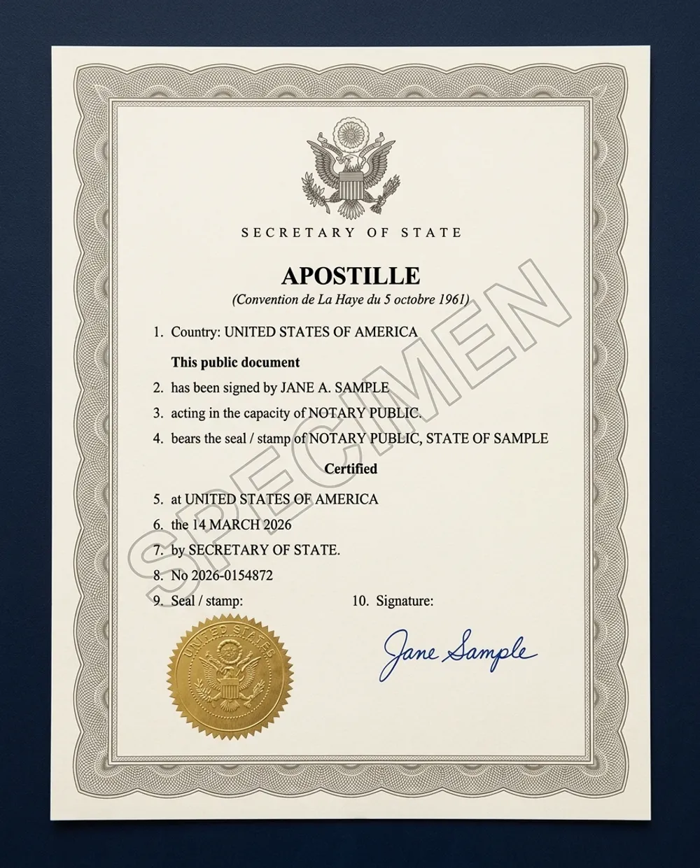 Specimen apostille certificate showing the ten numbered fields of the Hague Convention model, watermarked SPECIMEN